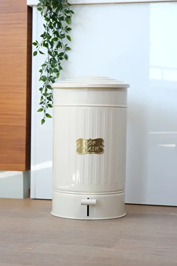 Yıldıray Metal Metal Lid Cream Color Galvanized Metal Pedal Trash Can 30 Liters