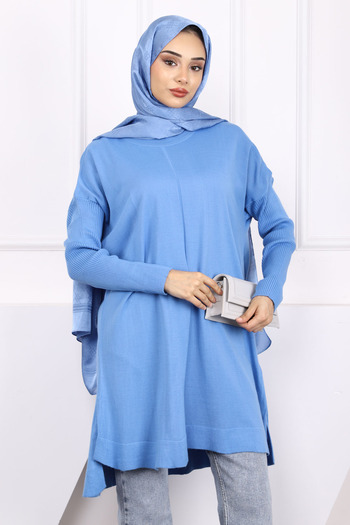İmajButik Indigo Crew Neck Mercerized Casual Knitwear Tunic