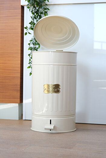 Yıldıray Metal Metal Lid Cream Color Galvanized Metal Pedal Trash Can 30 Liters