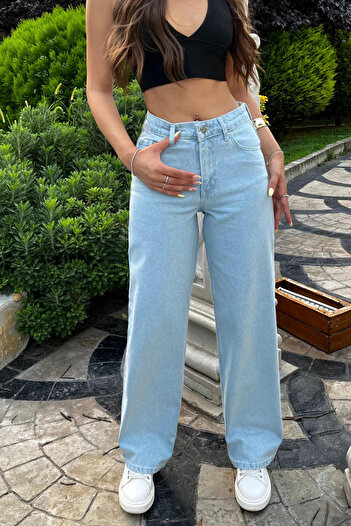BİKELİFE Eisblaue Jeans mit hoher Taille und weitem Bein