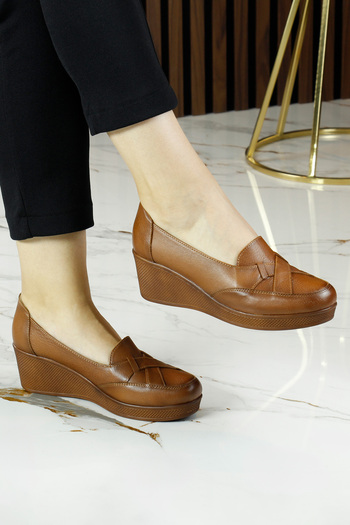 Erkan Saçmacı Shay Tan Genuine Leather Wedge Heeled Casual Shoes