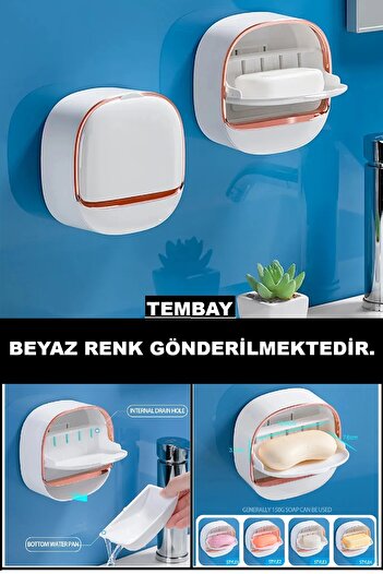 TEMBAY Beyaz Yapışkanlı Modern Sabunluk Kapaklı Kendinden Boşaltmalı Su Tutmaz Katı Sabunluk 1 Adet