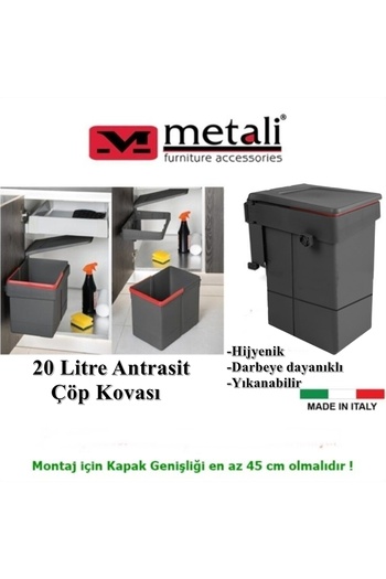 METALİ Almital Lid Mounted Trash Can Anthracite 20 Liters (Cabinet Lid Min. 45cm))