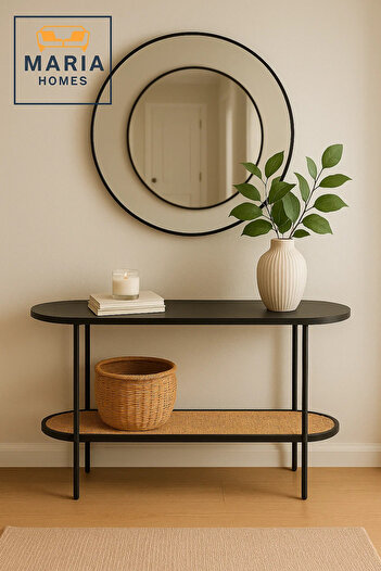 MARIA HOMES Oval Black Console Table with Rattan Shelf and Metal Frame