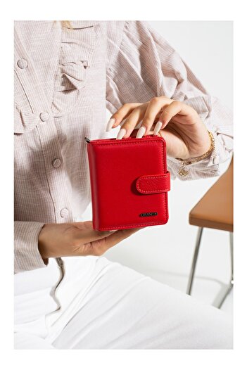 Grande 2601 Model Red Genuine Leather Women's Card Holder - Paper and Coin Compartment