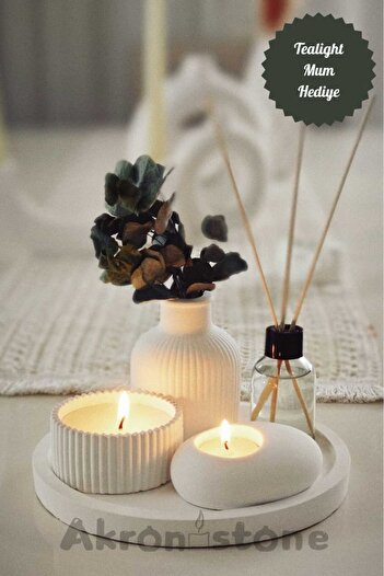 Akronistone Dekoratif Tepside 5 Li Hediyelik Set Vazo,kokulu Mum,Tealight Mumluk,Oda Kokusu