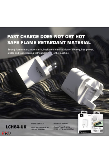 Lenyes LCH 64-UK – 30 W GaN Type-C Fast Charger (White, UK Plug)