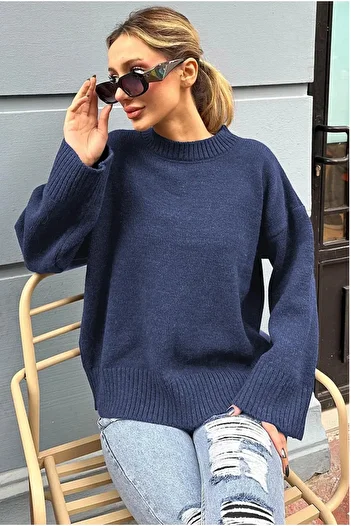 K-ODEA BUTİK Women's Dark Blue Oversize Knitwear Sweater - Soft Textured Crew Neck