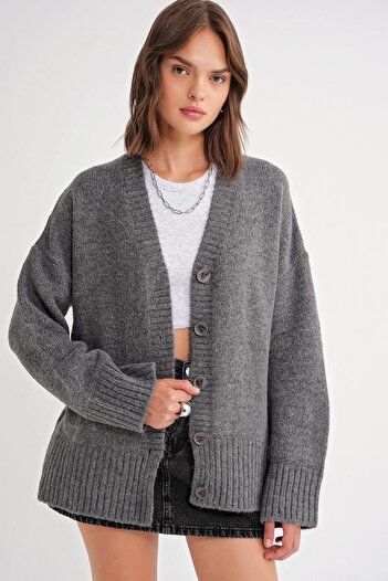 Mixray 6927 Women's Basic Knitwear Cardigan - Soft Textured, Anthracite