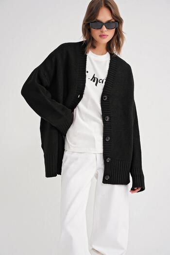 Mixray 6927 Black Women's Knitwear Cardigan - Soft and Loose Basic Model