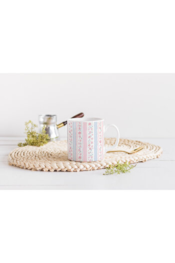 EYBaskı Tasarım Pink Striped Flower Patterned Porcelain Mug – Summer Atmosphere Design