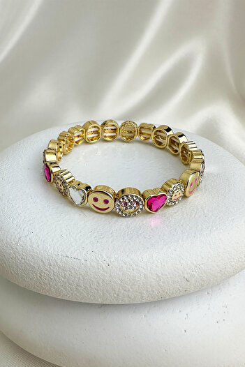 Modex Special Series Gold Color Smiling Face Heart Detail Stone Rubber Bracelet