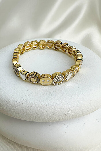 Modex Special Series Gold Color Smiling Face Heart Detail Stone Rubber Bracelet