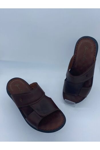 BURAK ALDAY SHOES Men's Genuine Leather Massage Sole Brown Slippers
