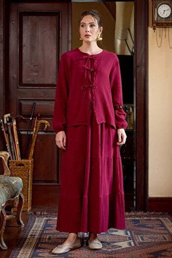 Ceylan Otantik Burgundy Muslin Layered Skirt & 3 Bow Blouse Set