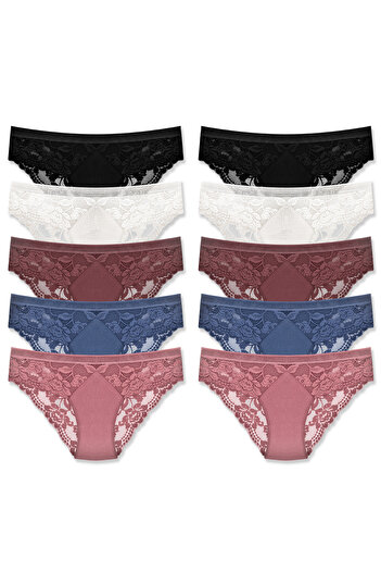 ZENA UNDERWEAR Chiloți bikini pentru femei din bumbac cu dantelă și talie elastică din plasă – pachet de 10