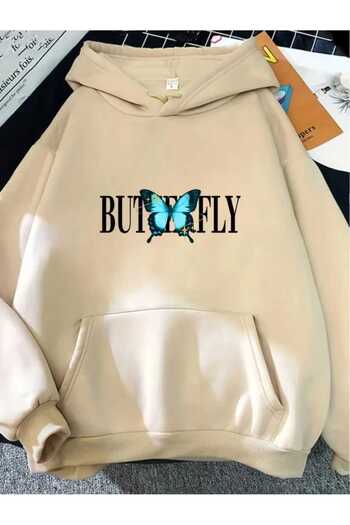 caddekombin Shiny Butterfly Printed Hooded Pocket Cotton Beige Sweatshirt