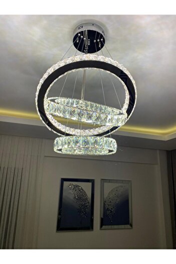 Retro KRİSTAL TAŞLI 3 KATLI 3 RENK YANAN LED'Lİ AVİZE