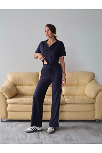 Paw Garage Women's Maribel Cotton Modal Fabric Polo Collar Blouse-Pants Two-Piece Bottom-Top Set, 4 Seasons Casual Set