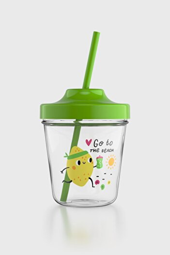Renga Aura Go to the Beach Patterned 350 ml Tritan Children's Cup with Straw 142022 Green
