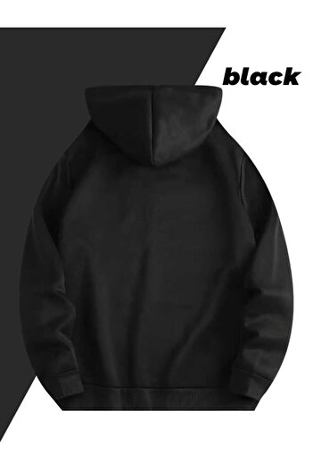 caddekombin All Things Grow Printed Hooded Pocket Black Sweatshirt with Wool Inside
