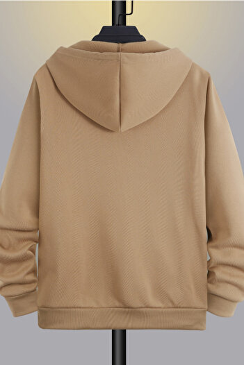 Tarz Cool Unisex Relax Fit Relaxed Cut Cotton Fleece Inside Double Pocket Zippered Mink Hooded Sweatshirt