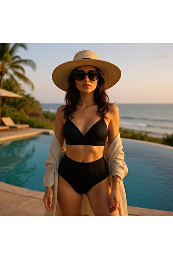 TooHot Women's Plain Black High Waist Triangle Strap Bikini Set