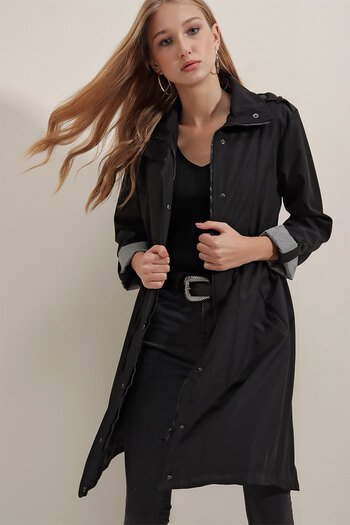 Merterium Women's Zippered Trench Coat Black 1192