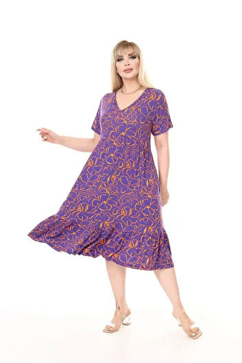 mami butik Large Size V-Neck Short Sleeve Robe Skirt Gathered Madi Size Viscose Combed Cotton Stylish Comfortable Dress