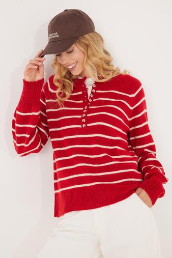 Tudors Women's Regular Fit Classic Cut Button Collar Striped Red Sweater