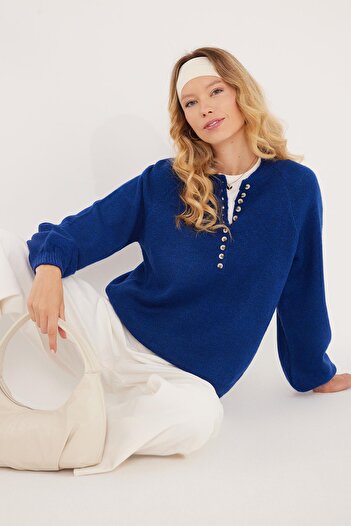 Tudors Women's Oversize Wide Cut Button Collar Navy Blue Sweater
