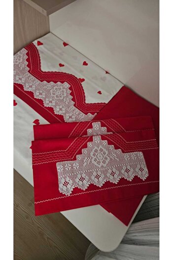 ZESA HOME Handcrafted Lace, Border and Patterned Duvet Cover Set - Red Heart