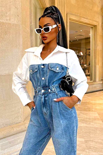 FashionForYou Salopetă din denim Phares, textură bicoloră cu talie evidențiată, Albastru/Alb