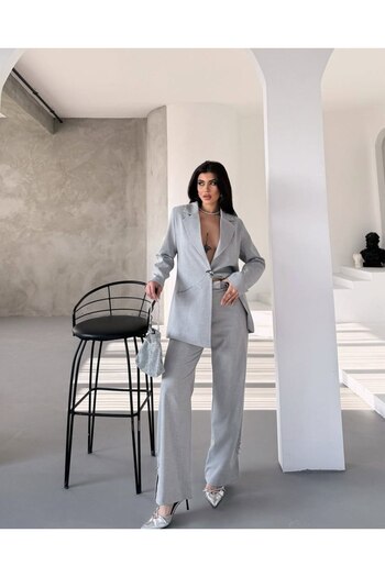 369 etnik butik One Button Detailed Oversize Jacket & Wide Leg Pants Set (3 Colors)