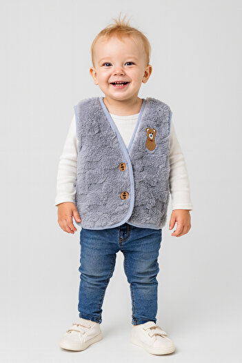 minikiss Plush Welsoft Embossed Fabric Buttoned and Teddy Bear Patterned Baby Kids Vest