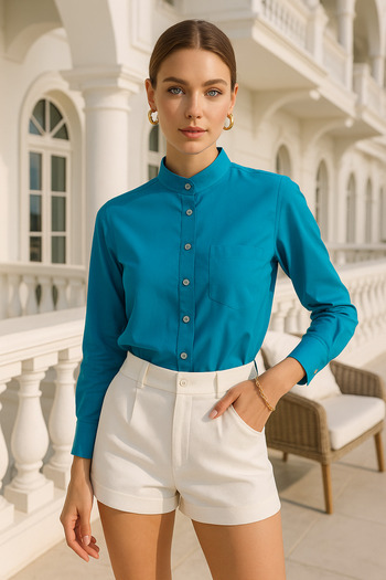 Rich Women's Trendy Judge Collar Shirt - Design Stand Collar Pocket Detailed Shirt