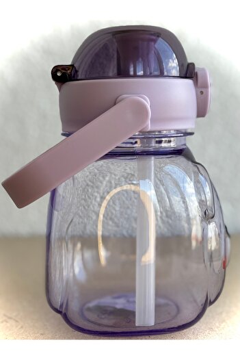 ALİA HOME Purple Teddy Bear Figured Children's Water Bottle – 1000 ml Bpa-Free Plastic Flask with Straw
