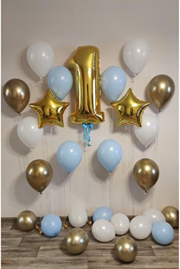 Ezgi Party Store 1 Year Birthday Concept Gold Blue White Balloons Party Set