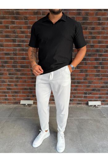 Baycombine35 Men's Striped Polo Neck T-Shirt and Pants Combination