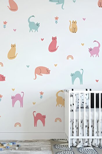Grafikup Cat Kids Room Wall Sticker Set - Cats, Hearts, Rainbows, Flowers Wall Decor Set