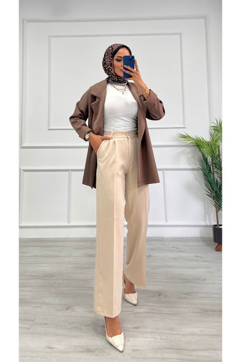 DESTEMODA Women's Bell Pleated Palazzo Trousers Stone Color 2500