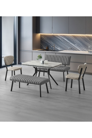 DENGEMA Koza Bank Yemek Masası Takımı – 80×120 cm Gri Mermer, 2 Antrasit Bank, 2 Sandalyeli