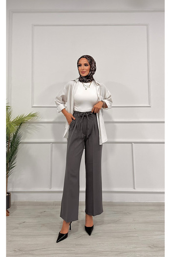 DESTEMODA Women's Bell Belt Rope Detailed Palazzo Trousers Gray 2501