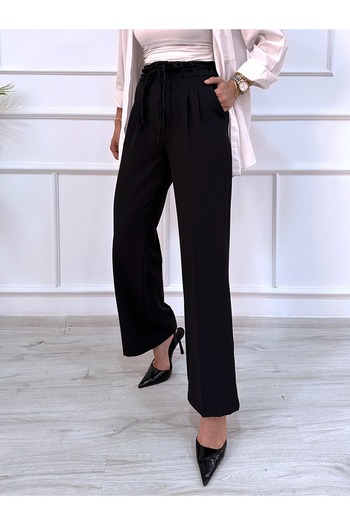 DESTEMODA Women's Bell Belt Rope Detailed Palazzo Trousers Black 2501