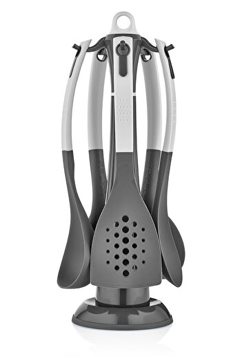 Sun Group 6 Pieces Utensil Set with stand, Ladle, Pasta Server, Service Spoon, Skimmer, Spatula