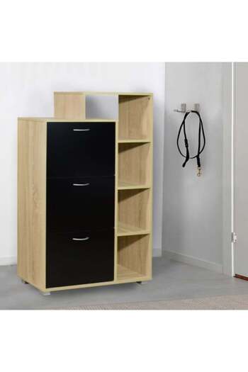 BAITY 3-Tier Shoe Organizer Cabinet with Side Shelves, Malaysian Wood – Wooden and Black