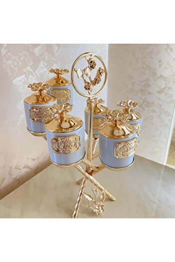 AZADE BAKIR Gold Brass Japongul Mini Crystal 3-Piece Jar and Zigzag 6-Piece Porcelain Spice Bowl Set of 2