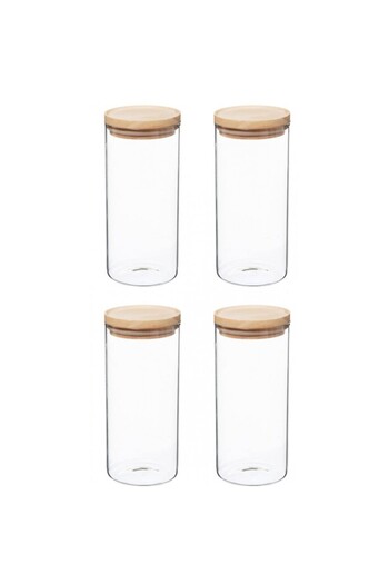 5five Simple Smart Σετ 4 δοχείων 5Five Woods, 1600 ml, βοριοπυριτικό γυαλί, καπάκι από ξύλο rubber tree, 10 x 27 cm