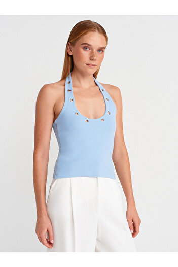 Dilvin 21162 Halter Guler Top-Albastru