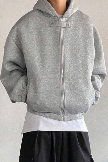 North London Men's Front Buttoned Zippered Three Thread Raised Gray Oversize Sweatshirt